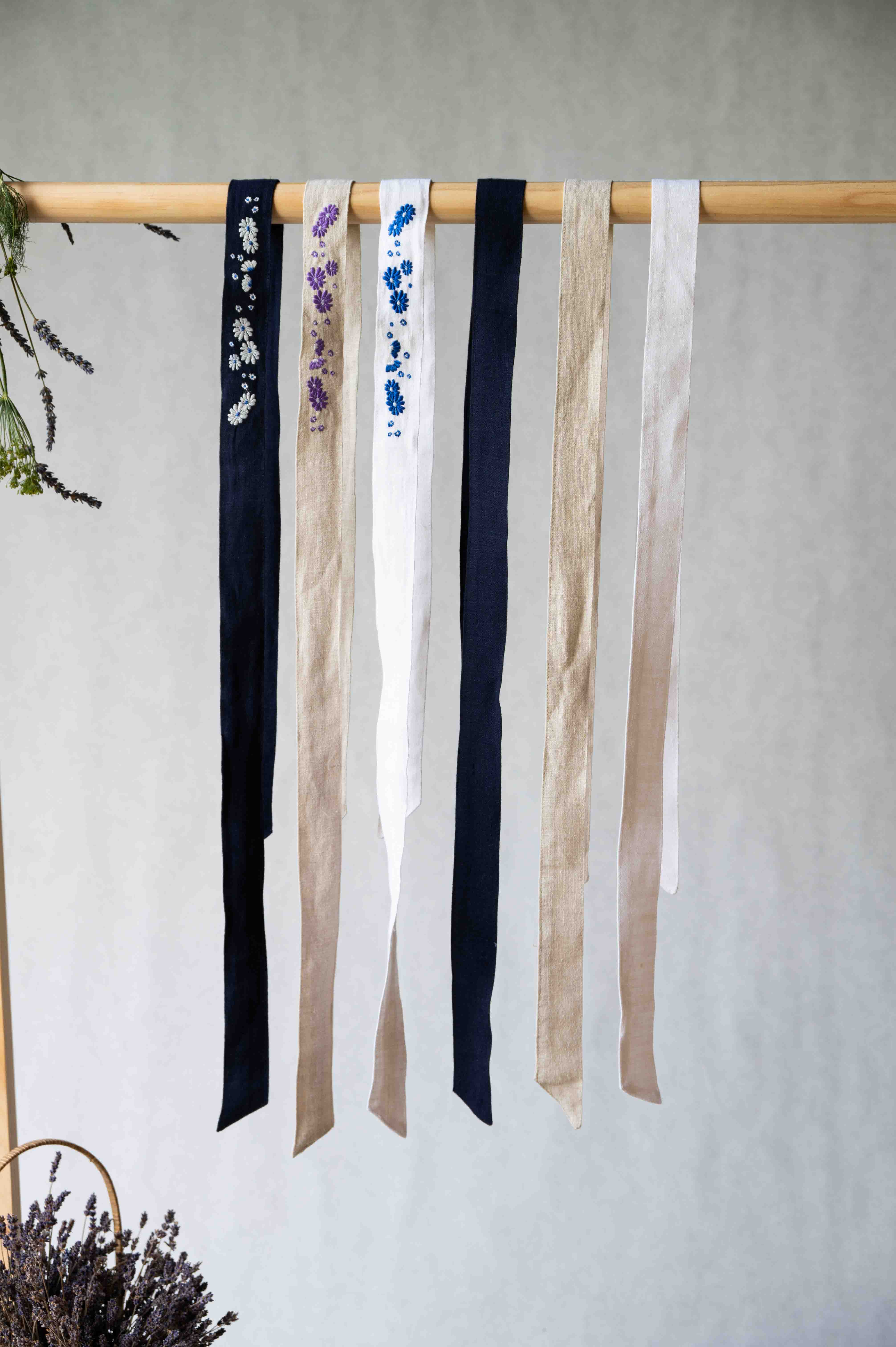 REWANA EMBROIDERED HEMP TIE SCARF NAVY BLUE