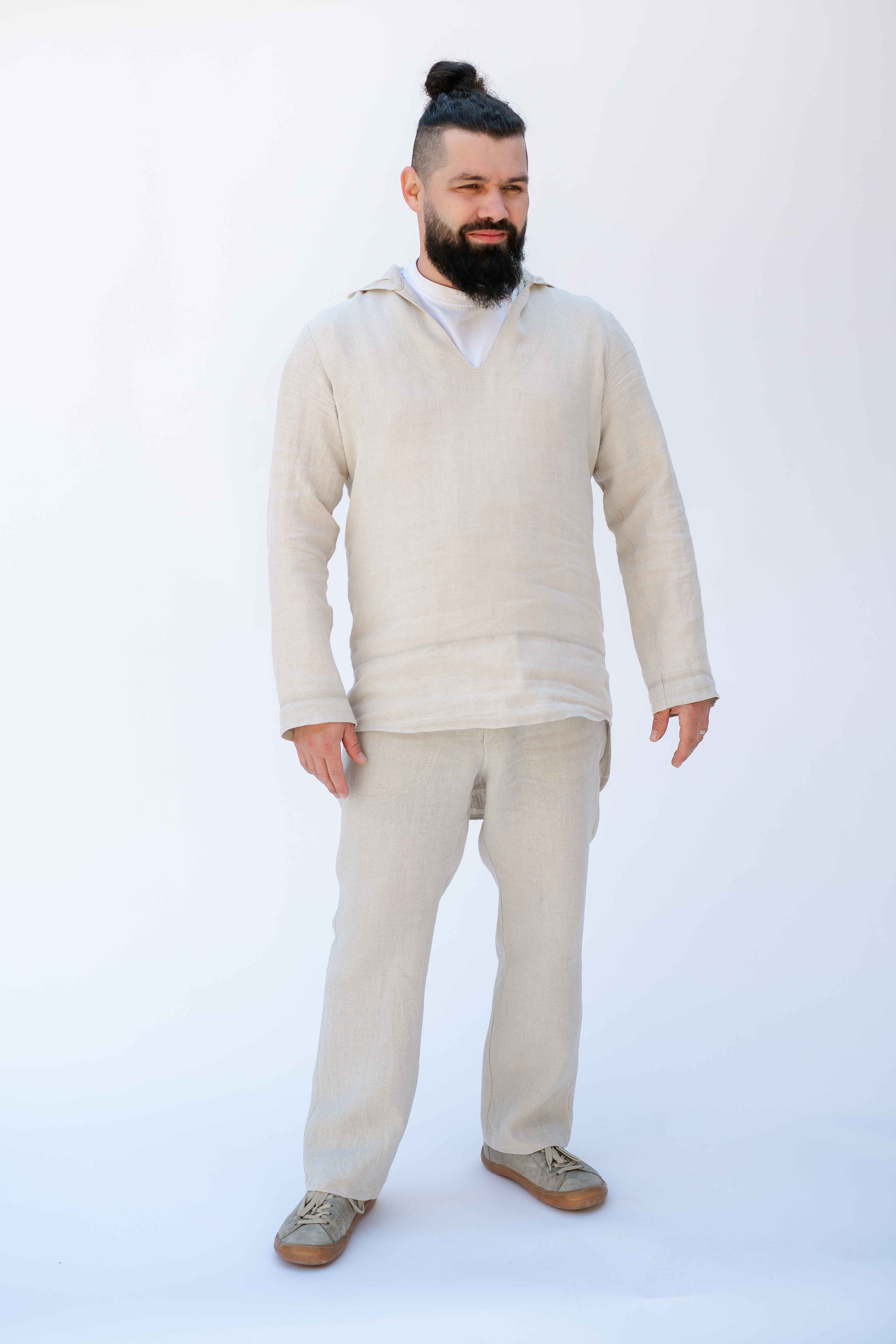 REWANA MEN'S HEMP TUNIC WITH HOOD IN NATURAL COLOR