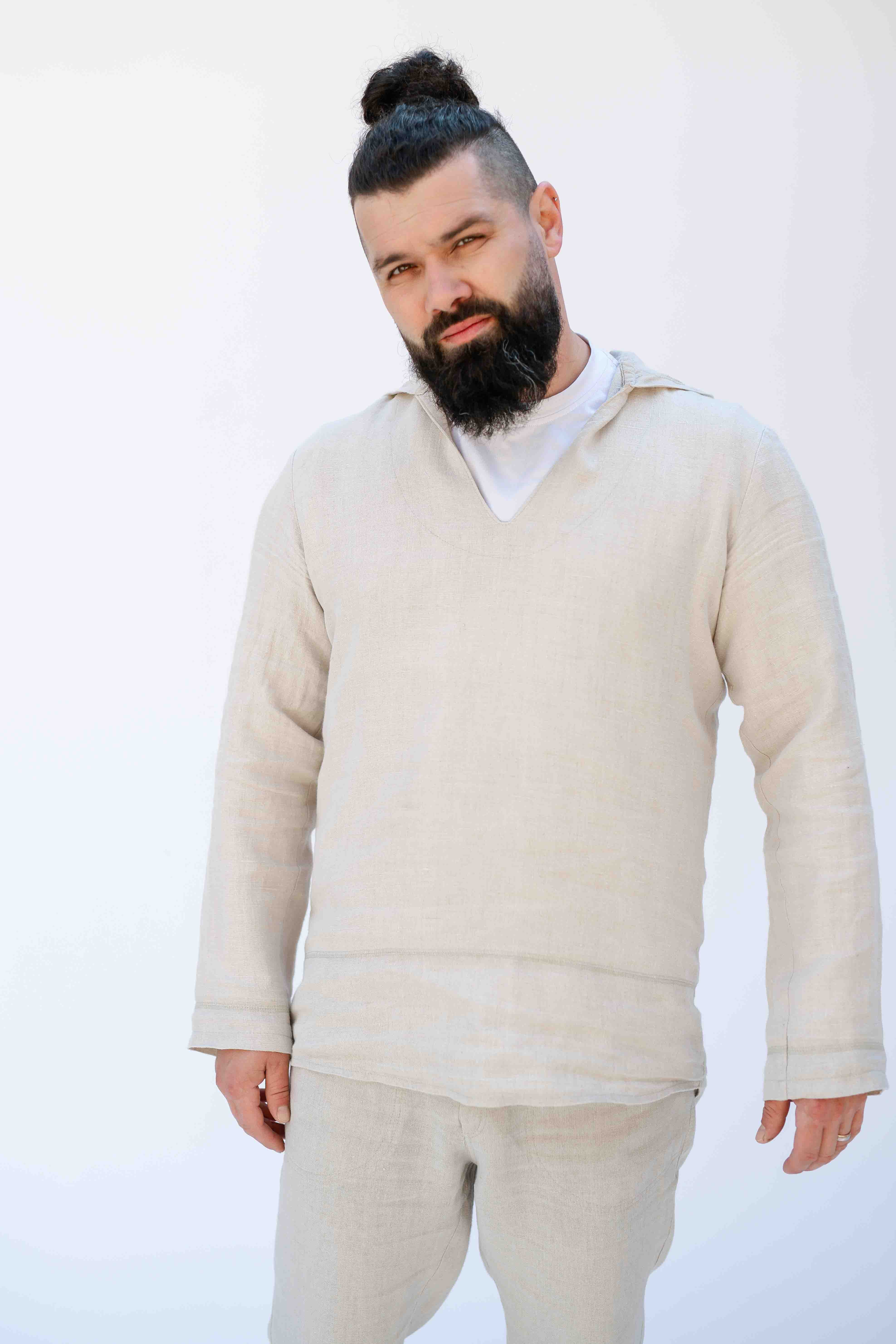 REWANA MEN'S HEMP TUNIC WITH HOOD IN NATURAL COLOR