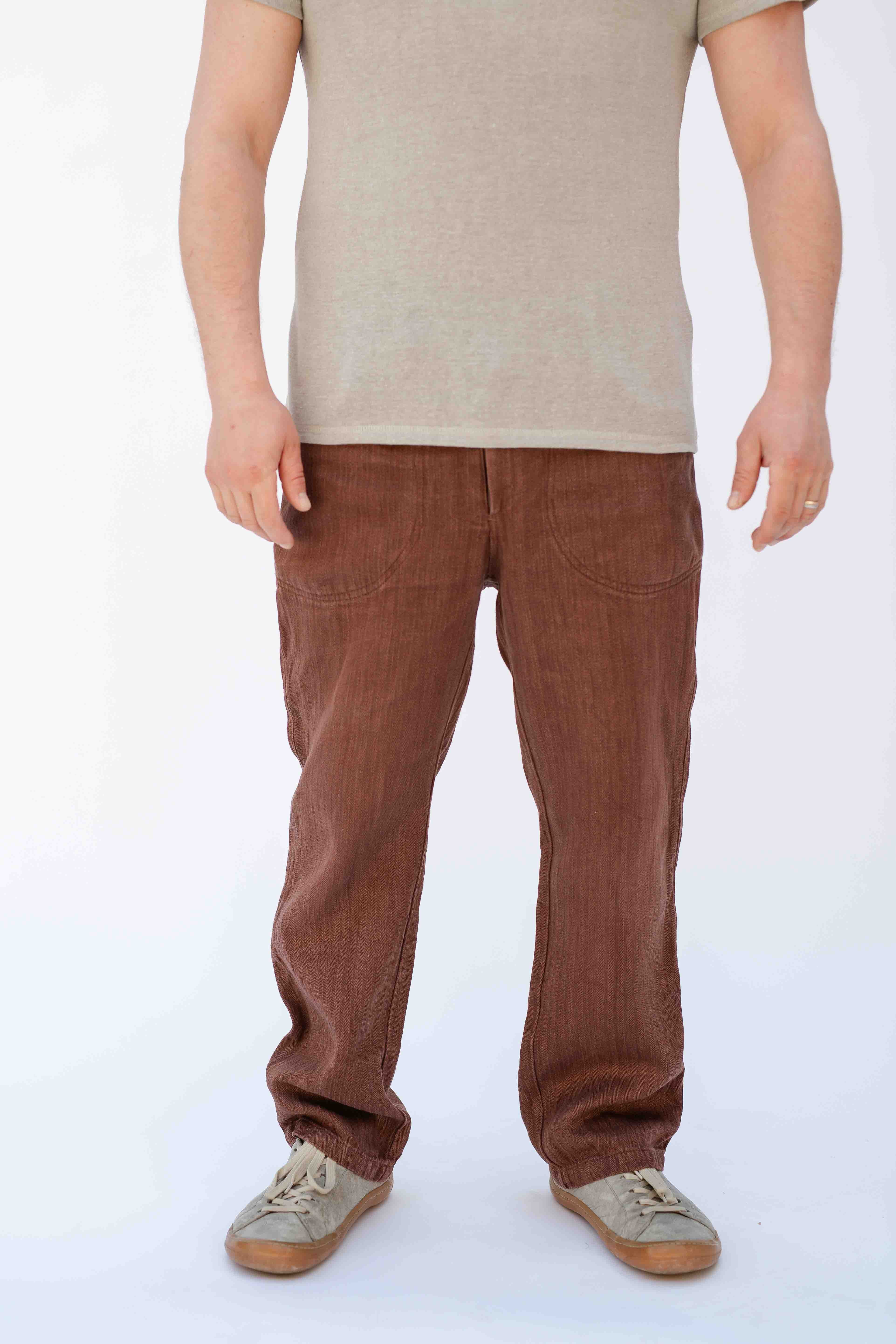 REWANA HEMP PANTS IN HERRINGBONE BROWN COLOR